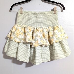 American Eagle Outfitters Tiered Ruffle Linen Pastel Mini Skirt Floral Gingham